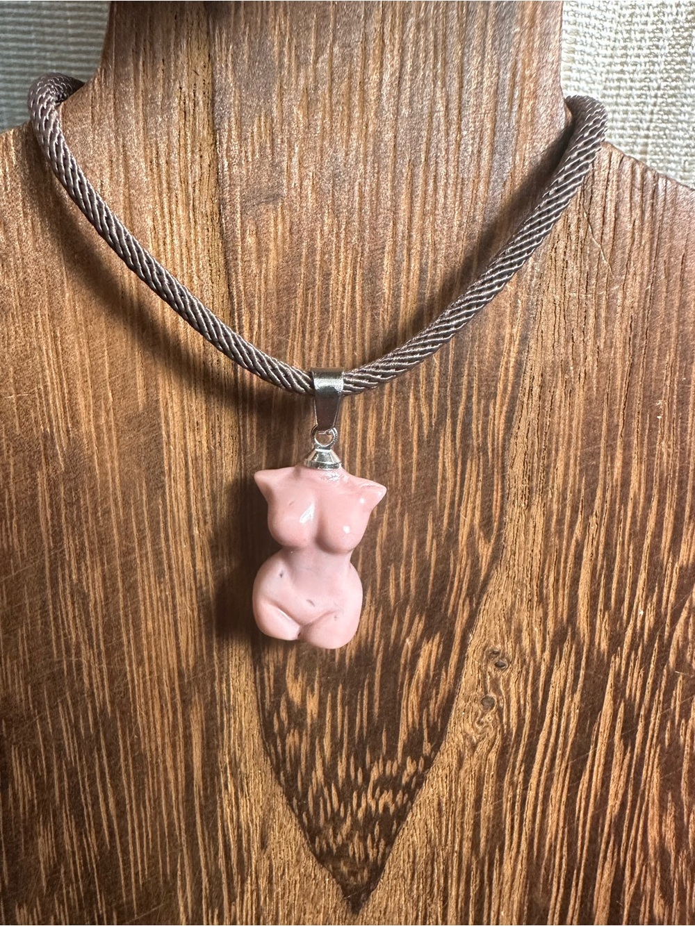 Mini Light Pink Alashan Agate Lady Body Carving Pendant Necklace on Brown Rope - Picture 10 of 16